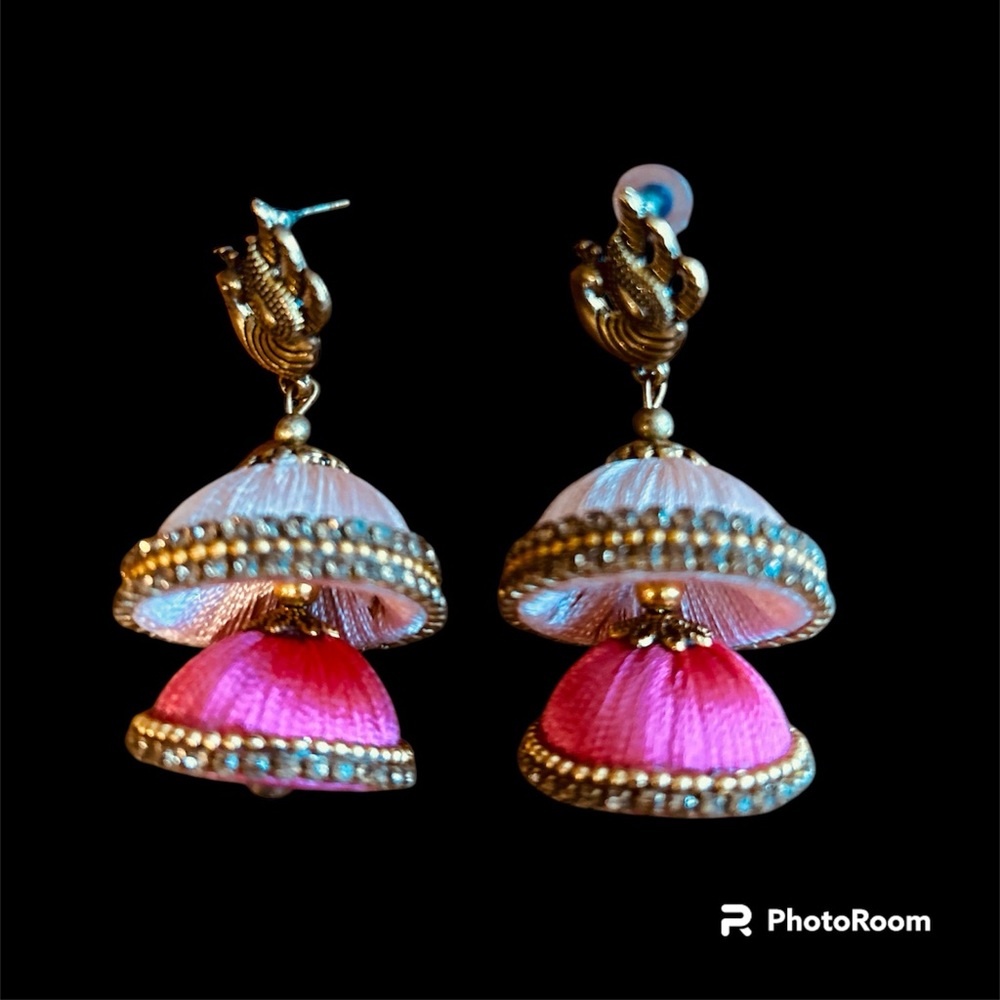 Handmade Silk Thread Indian Jhumka Two Tone Pink Earrings
